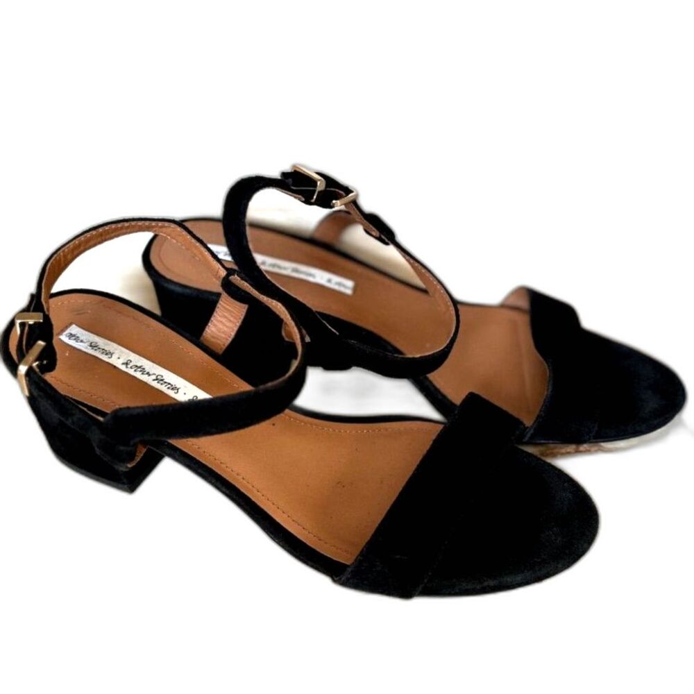 & Other Stories Black Suede Strapy Block Heels SZ EU 38 = US 7 Gold Tone Buckles